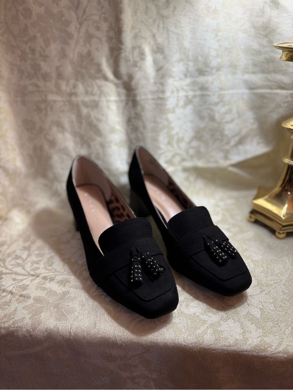 Kelly & Katie Black Tassel Heel Sueded Loafers for Women
